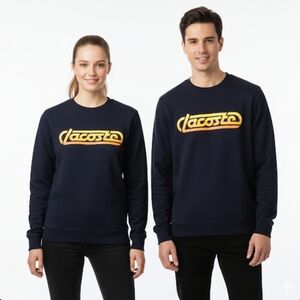 LACOSTE‎ Live Unisex Navy Cotton Crewneck Pullover Sweatshirt Yellow Graphic XL